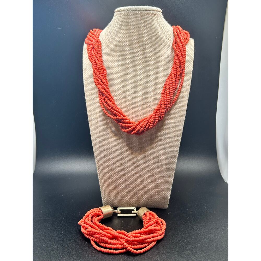 Vintage Kenneth Cole New York Red Coral Necklace Bracelet Set Chunky Boho